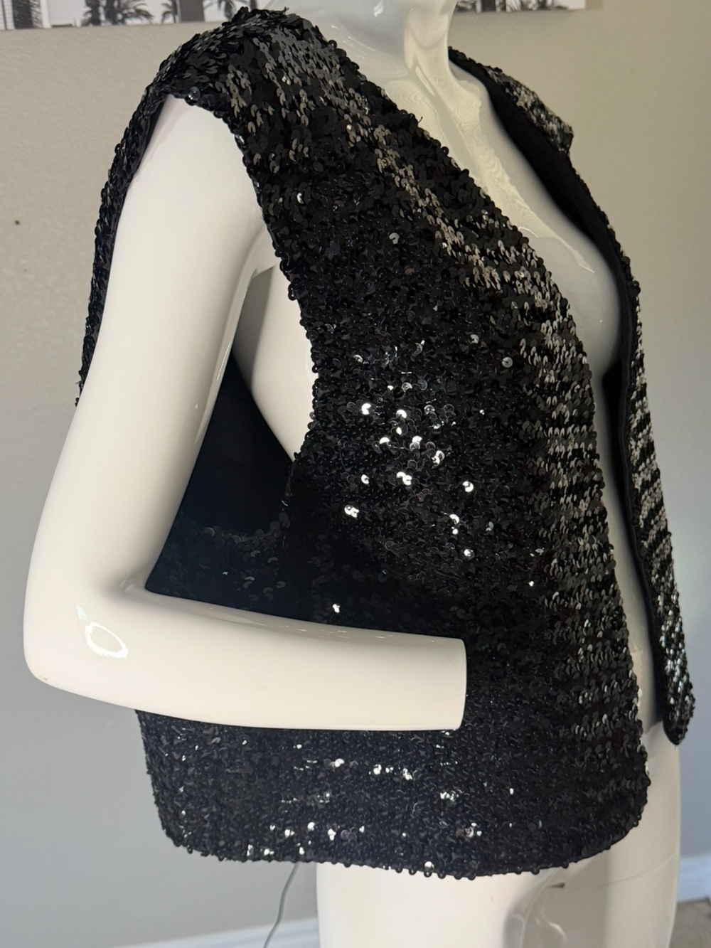 Vintage Open Front Black Sequin Vest 3XL